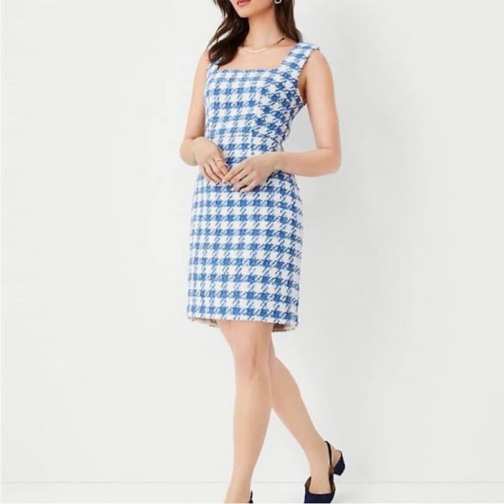 Ann Taylor Blue and White Tweed Square Neck Shift Mini Dress